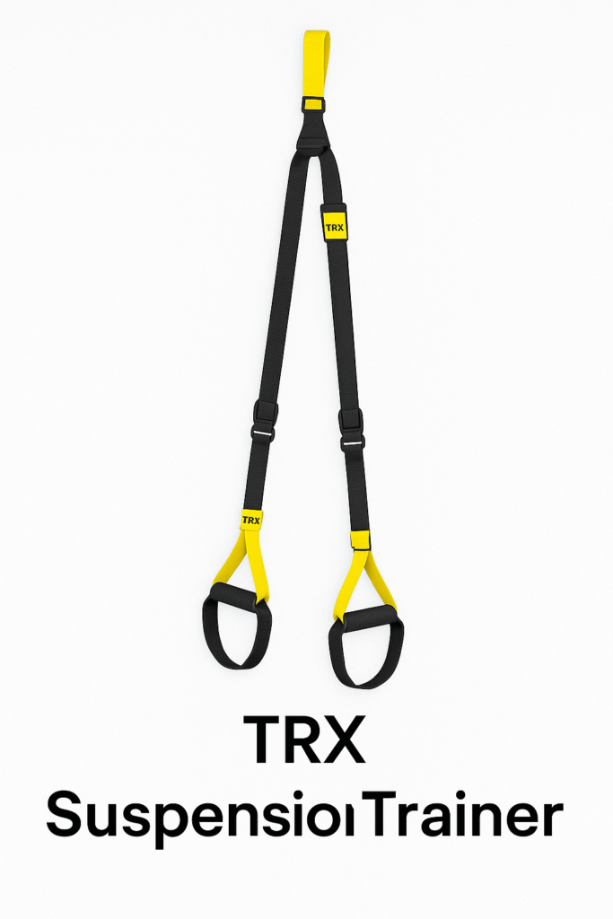 A TRX Suspension Trainer with black and yellow adjustable straps, foam handles, and foot loops, included in gym equipment names for bodyweight-based functional strength and stability exercises.
