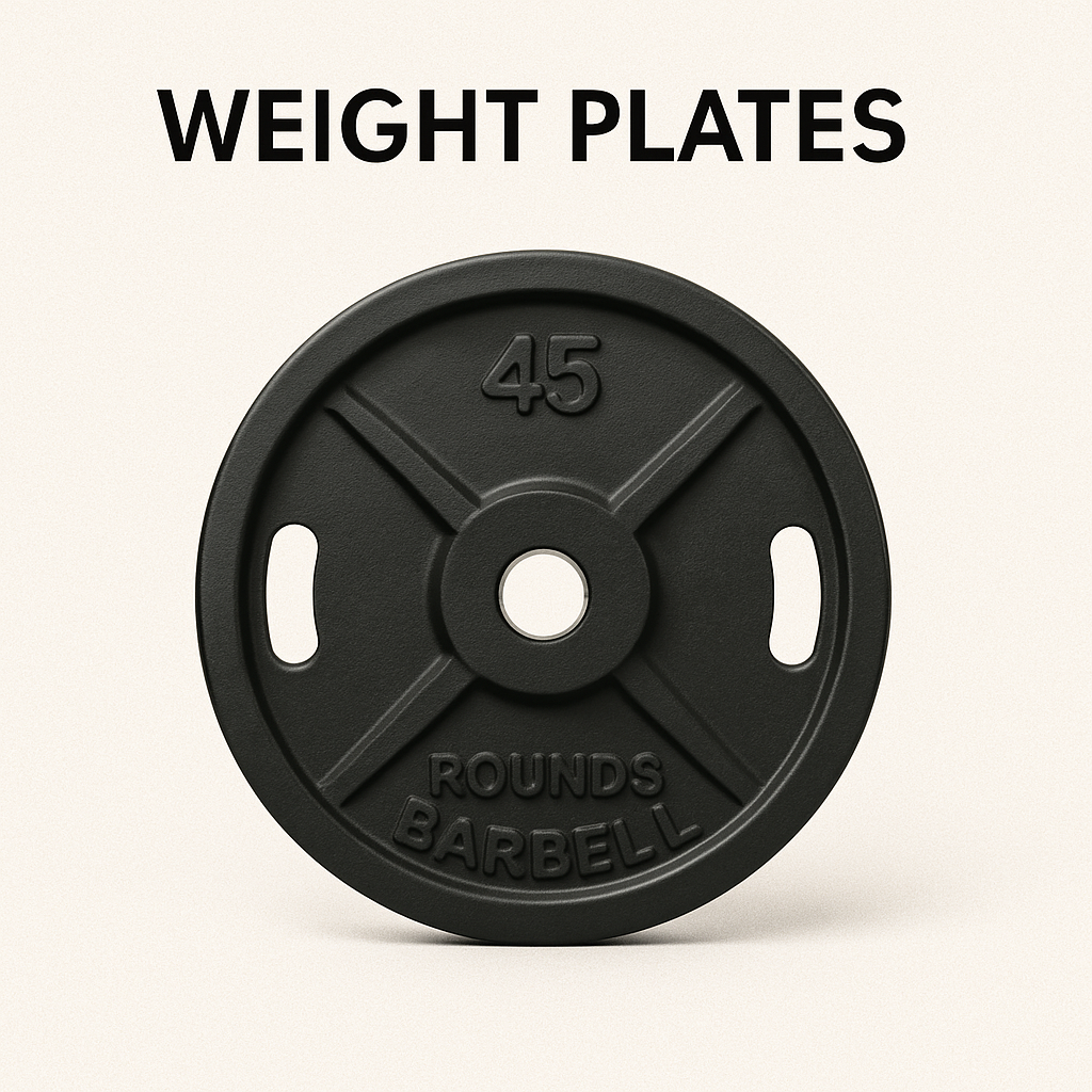 A 45-pound black weight plate with grip cutouts and embossed lettering, categorized under gym equipment names for use with barbells and strength training machines.