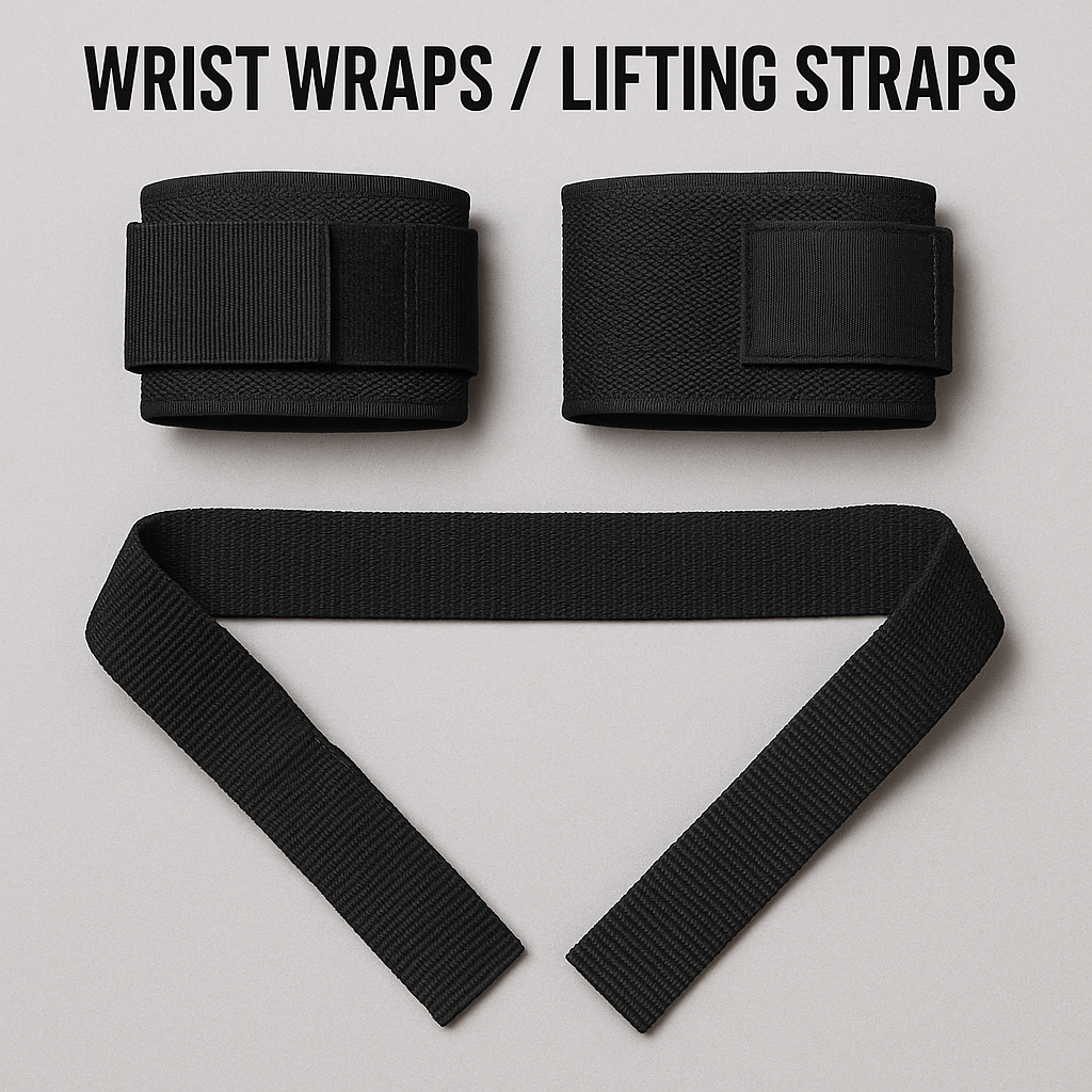 A pair of black wrist wraps and lifting straps laid flat on a gray background, included in gym equipment names for enhancing grip strength and wrist support during heavy weightlifting.