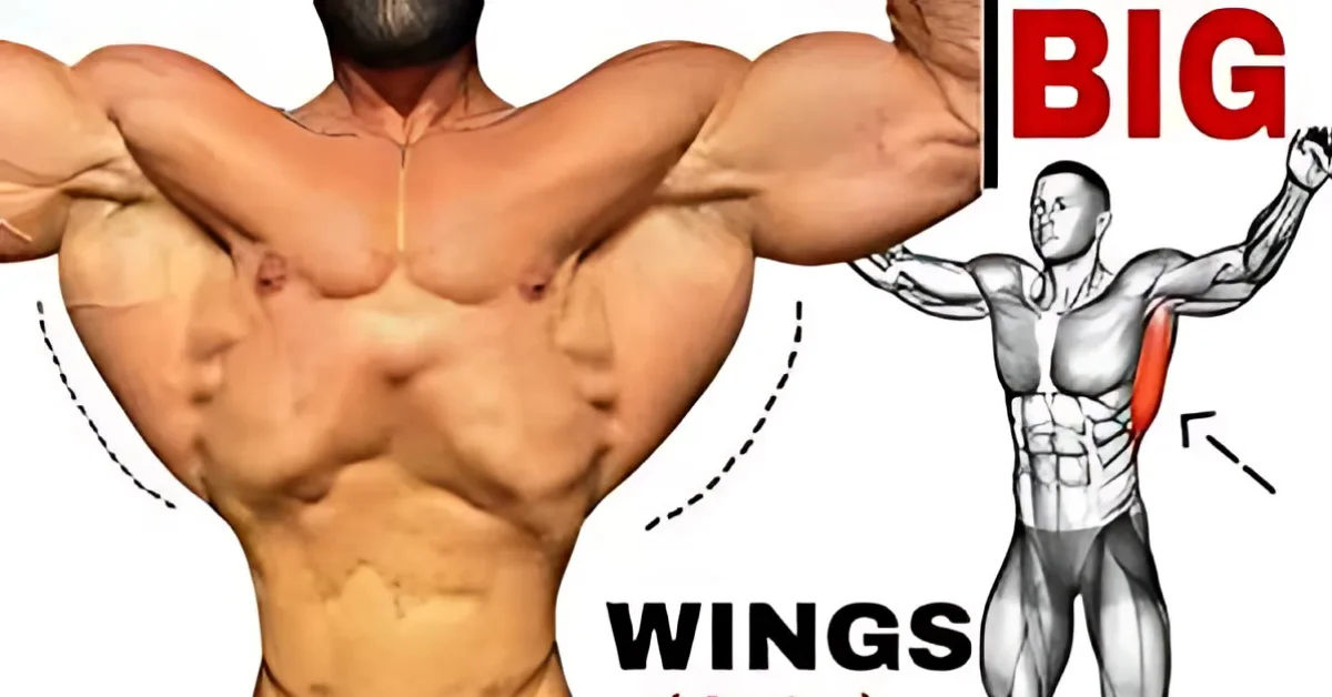 Muscular man showing lats developed through wings-exercise, bat-wings-exercise, and reverse-snow-angels as part of a Wings Workout at home.