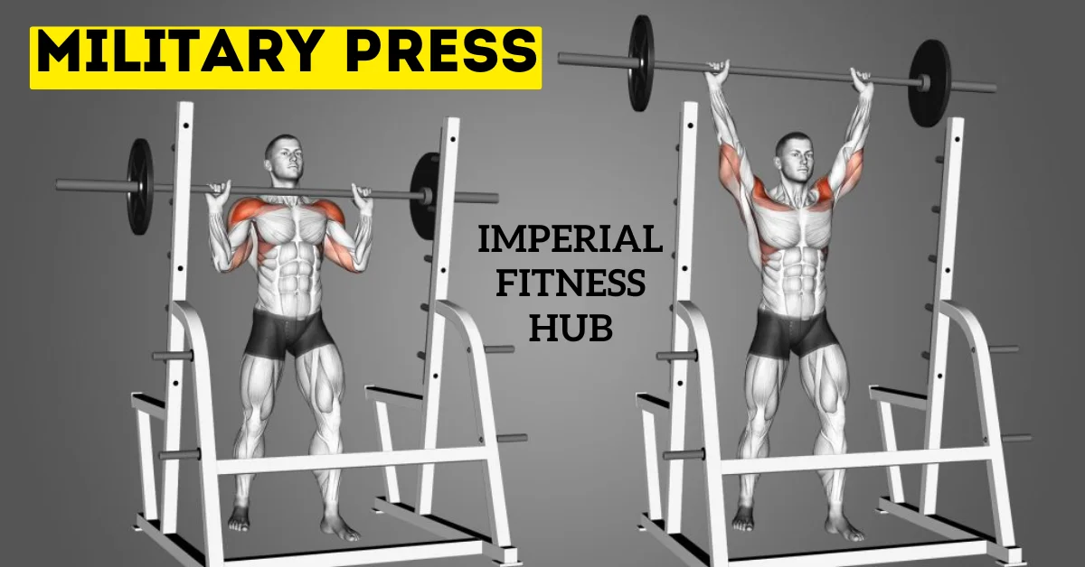 Demonstration of the military press exercise with highlighted muscles worked, including shoulders, triceps, and upper chest – Imperial Fitness Hub