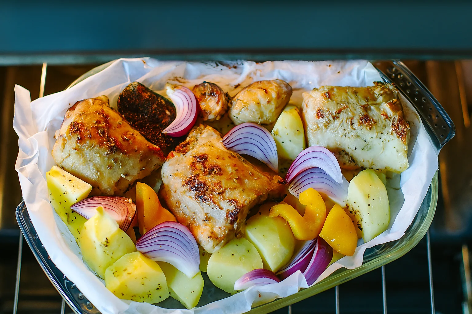A close-up shot of oven-baked chicken thighs with yellow bell peppers, red onions, and potatoes in a parchment-lined glass dish, illustrating a healthy and colorful meal being cooked — a delicious example of nutritious Staple Foods.