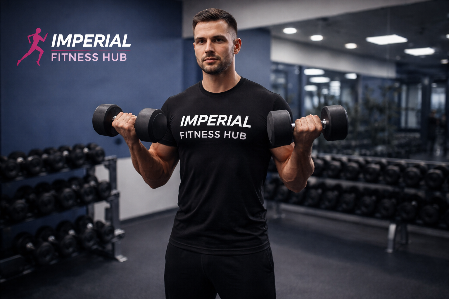A muscular athletic man performing dumbbell hammer curls in a modern gym, holding black dumbbells with a neutral grip at mid-curl position. He is wearing a fitted black “Imperial Fitness Hub” t-shirt and black athletic trousers. The background shows a blurred dumbbell rack and mirrors under professional gym lighting.