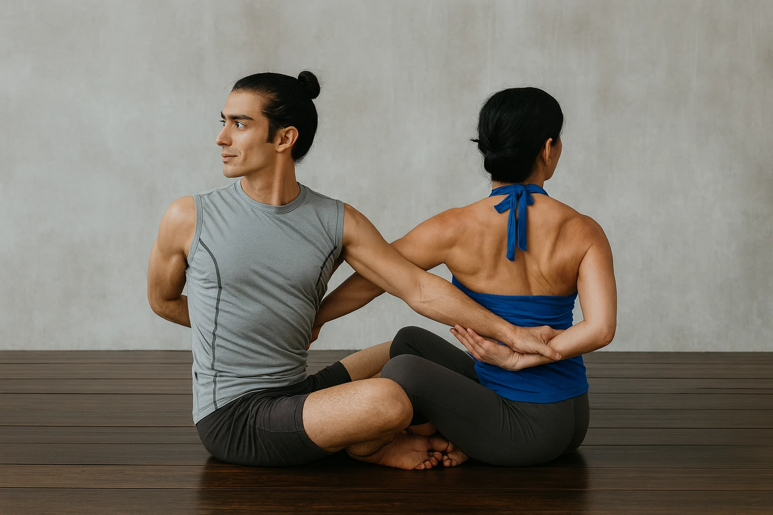 Two people practicing 2-Person Yoga Poses in a seated back-to-back twist, showing balance, connection, and flexibility on a wooden yoga floor.