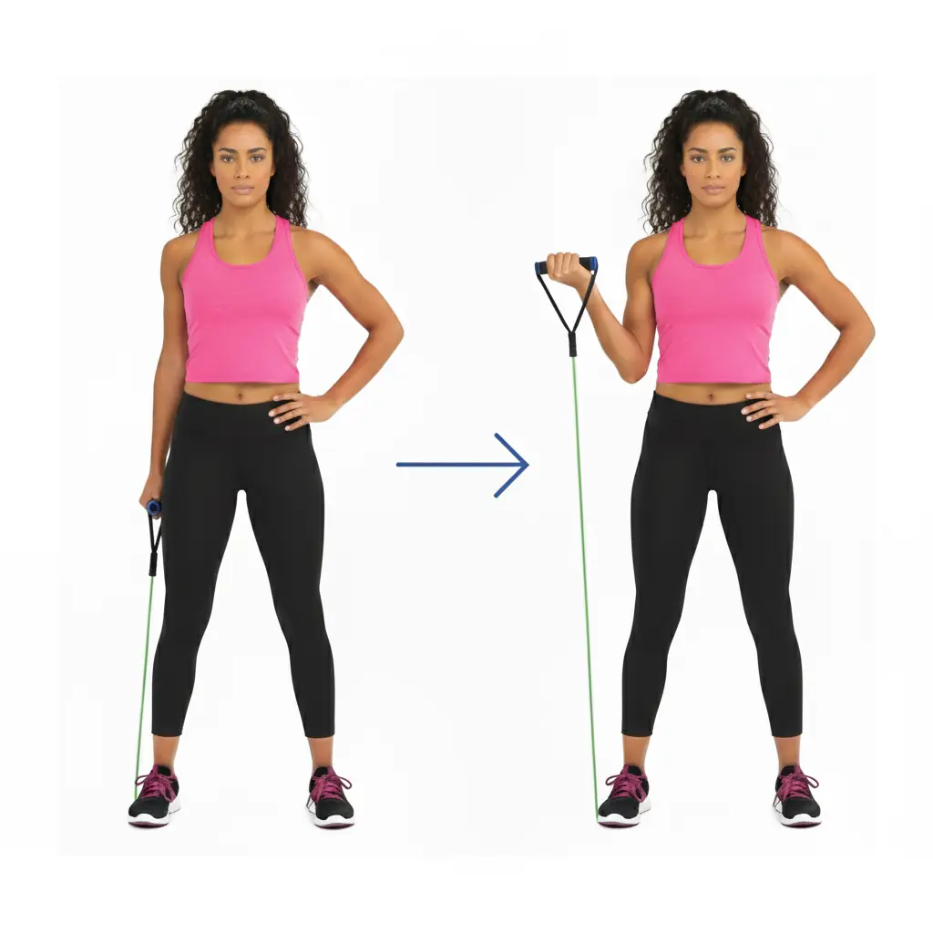 A two-panel image showing the Band External Rotation exercise. On the left, a woman stands with a resistance band in her right hand, arm bent at 90 degrees, hand in front of her stomach. On the right, an arrow points to the next step where she externally rotates her right arm, pulling the band away from her body while keeping her elbow tucked in. She is wearing a pink tank top and black leggings.