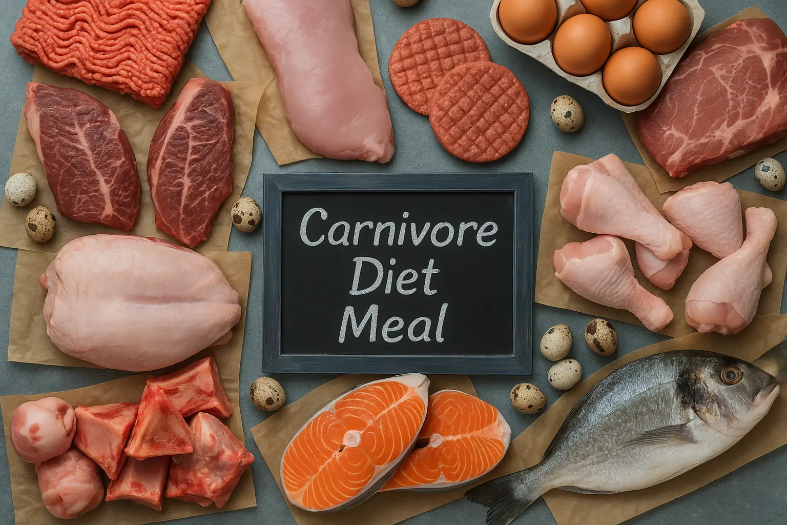 Flat lay of a Carnivore Diet Meal featuring raw beef, chicken, fish, salmon, eggs, quail eggs, and organ meats arranged around a chalkboard sign that reads Carnivore Diet Meal.