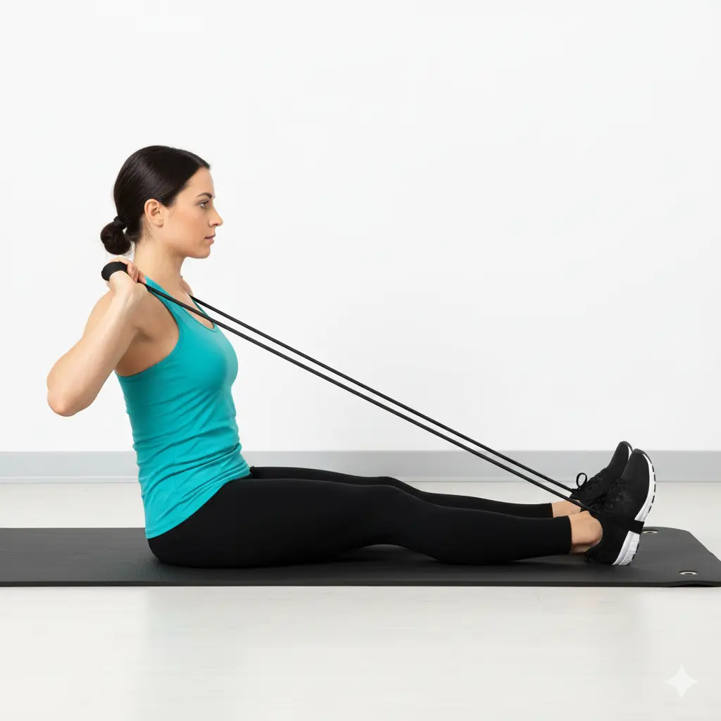 A woman with dark hair tied back, seen from the side, performing Face Pulls with Band. She is sitting on a black exercise mat with her legs extended forward, wearing a teal tank top and black leggings. She is pulling a black resistance band towards her face, with her elbows bent and pointing outwards, engaging her upper back and shoulders.
