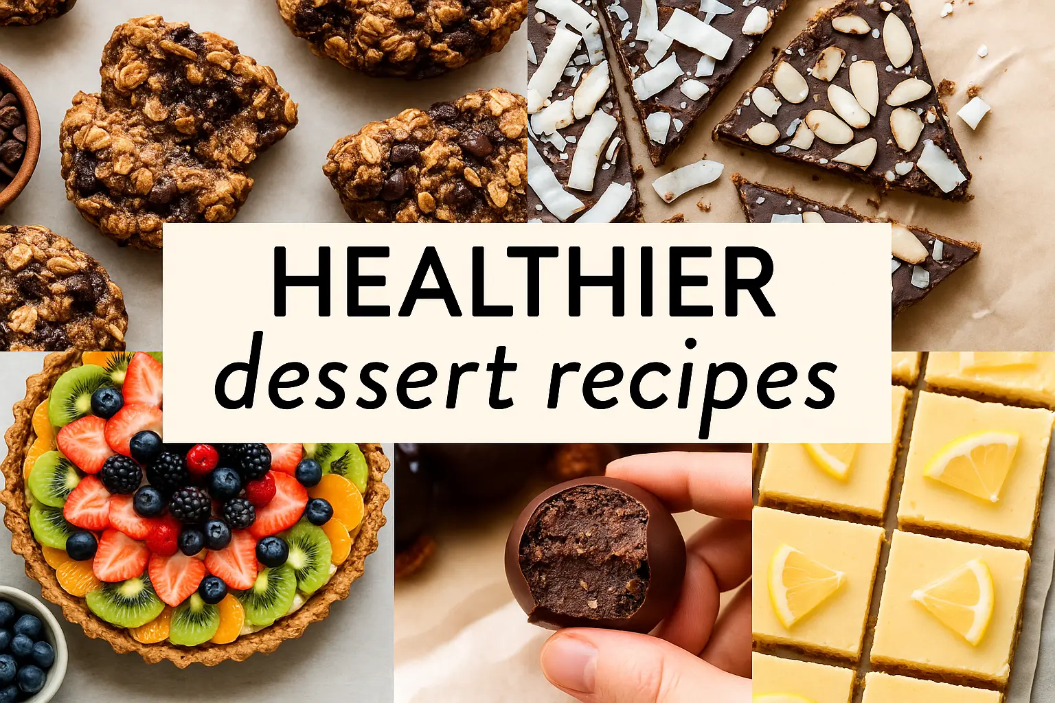 Healthy dessert recipes displayed in a collage featuring oatmeal cookies, coconut chocolate bars, a colorful fruit tart with fresh berries and kiwi, lemon bars with slices on top, and chocolate truffles, all arranged on a parchment background