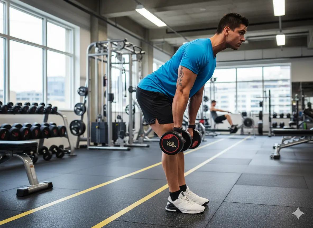 A man performing leg workouts with dumbbells in a bright, modern gym. He is wearing a blue t-shirt and black shorts, holding dumbbells in each hand while bending at the waist. In the background, other gym equipment and people can be seen.