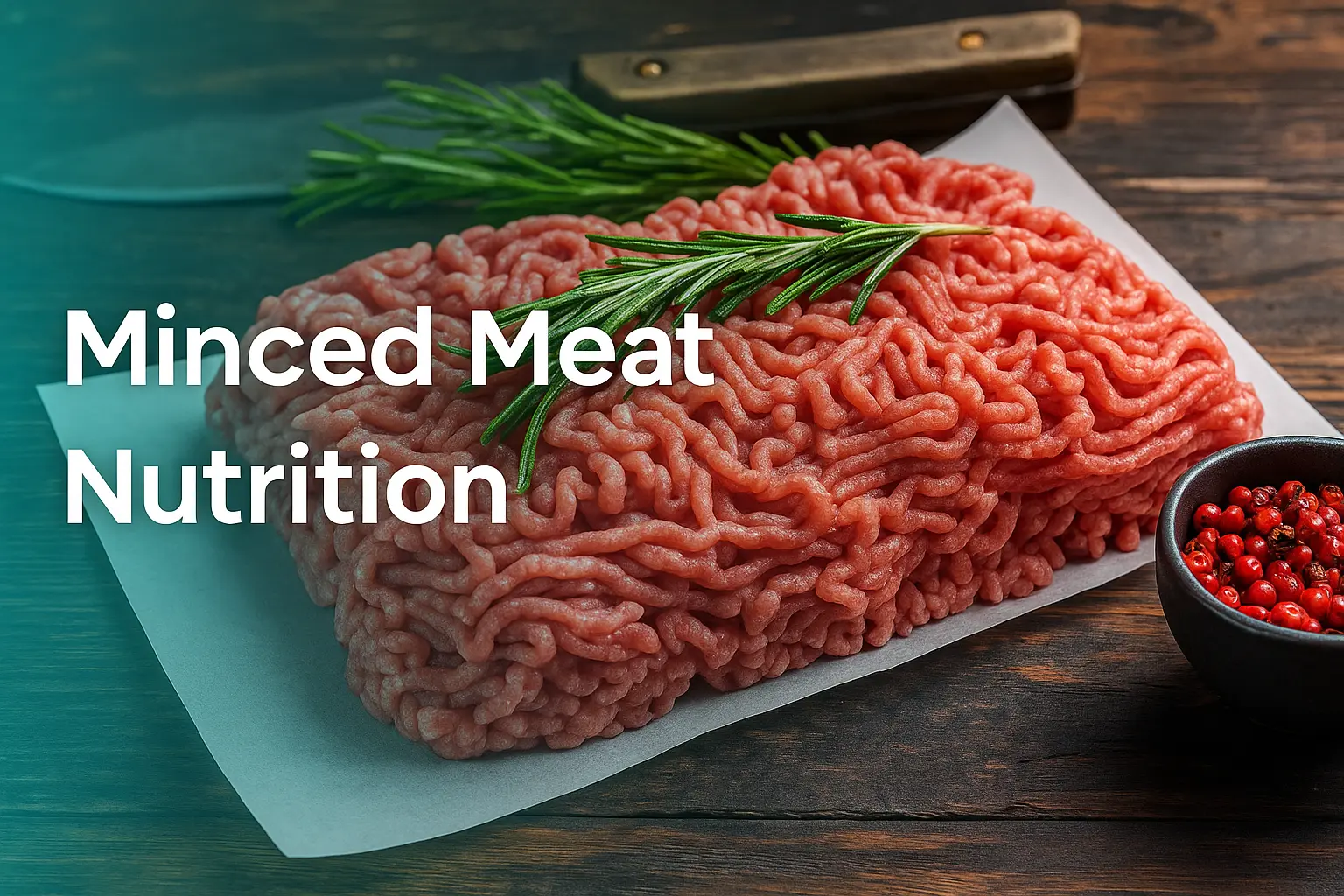 Minced Meat Nutrition displayed with raw ground beef on parchment paper, garnished with fresh rosemary and peppercorns on a rustic wooden table.