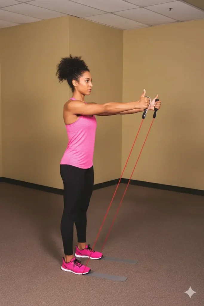 A woman with curly dark hair pulled up, seen from the side, performing a Resistance Band Front Raise (Low Intensity). She is standing on two grey flat resistance band anchors, wearing a pink tank top and black leggings. She holds a red resistance band with both hands, arms extended straight out in front of her at shoulder height, with thumbs pointing upwards.