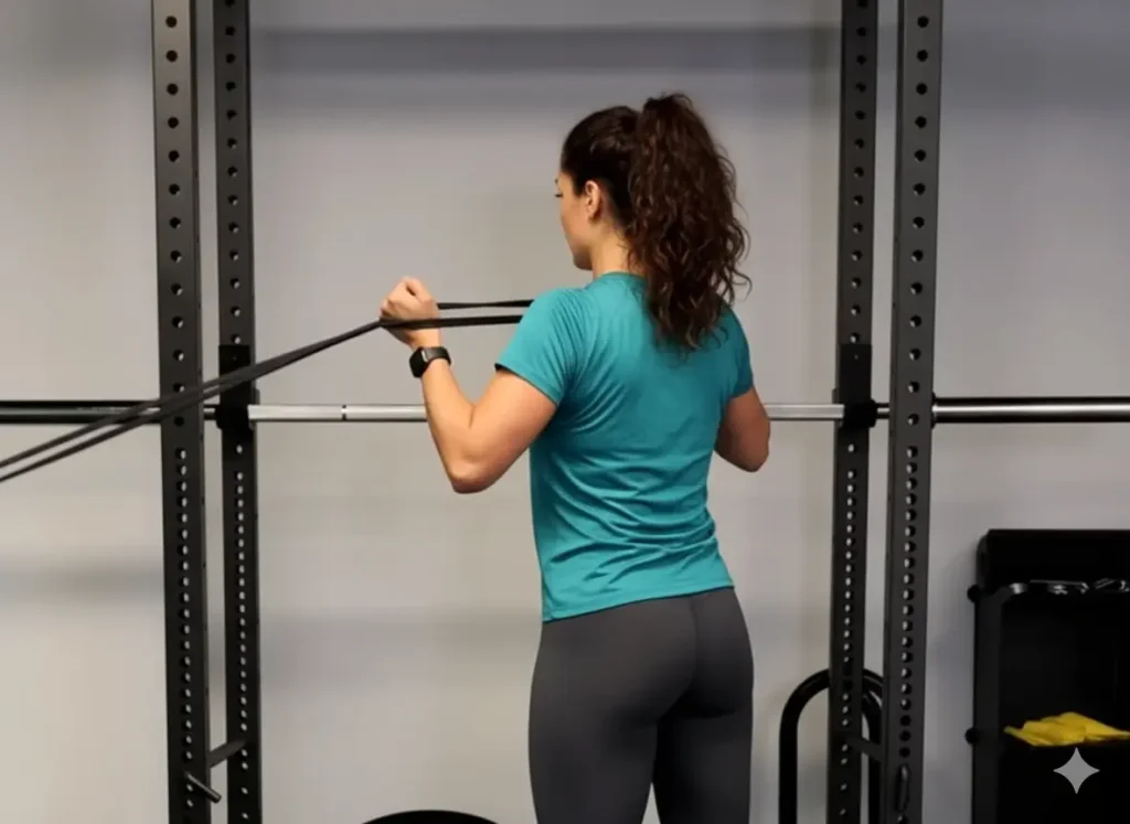 A woman with curly brown hair in a ponytail, seen from slightly behind, performing Scapular Retraction (Band Rows). She is wearing a teal t-shirt and grey leggings, standing in front of a black power rack. She is holding a resistance band with both hands and pulling it towards her body, engaging her shoulder blades.








