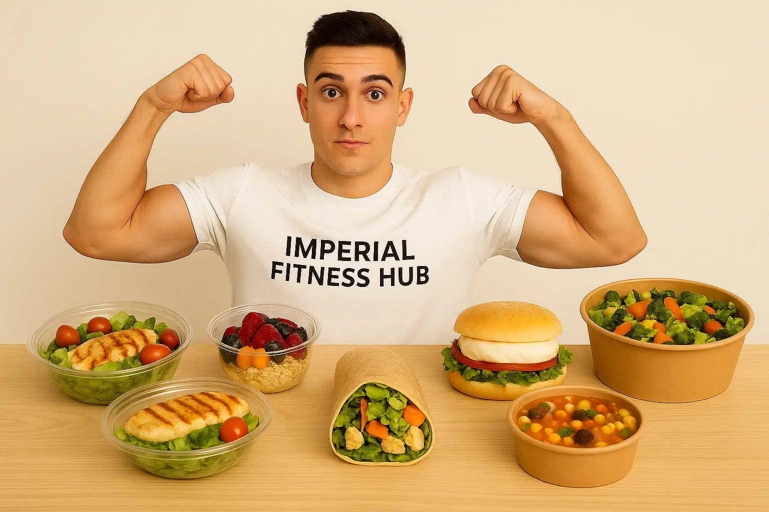 A fit young man wearing an “Imperial Fitness Hub” shirt flexes his muscles while sitting at a table filled with healthy fast food options like grilled chicken salad, fruits, soup, and a wrap — representing the idea of “What is the Healthiest Fast Food” for fitness and muscle growth.