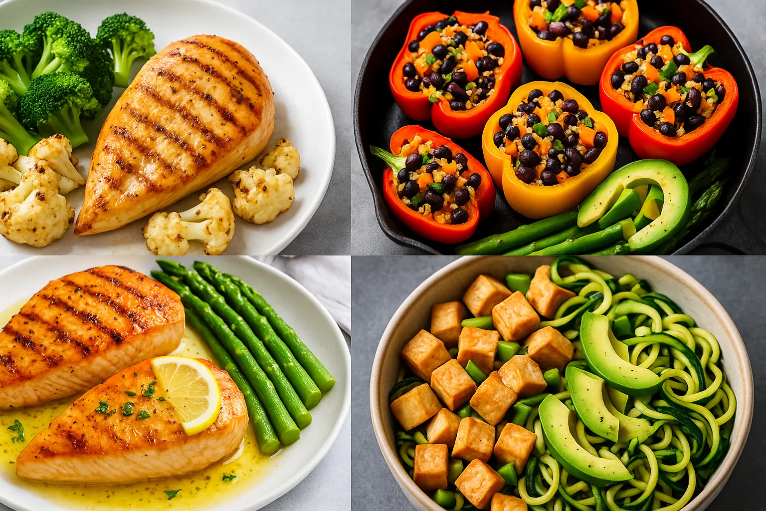 High protein low carb meals featuring grilled chicken with broccoli and cauliflower, stuffed bell peppers with quinoa and black beans, salmon with asparagus and lemon butter, and tofu with zucchini noodles and avocado.