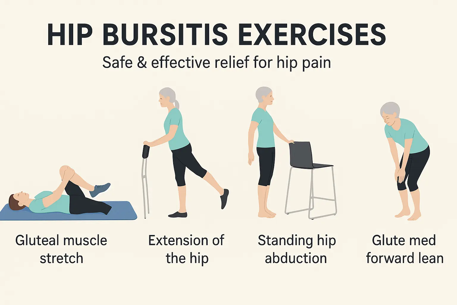 Illustrated guide showing safe hip bursitis exercises including gluteal muscle stretch, hip extension, standing hip abduction, and glute med forward lean for effective hip pain relief.