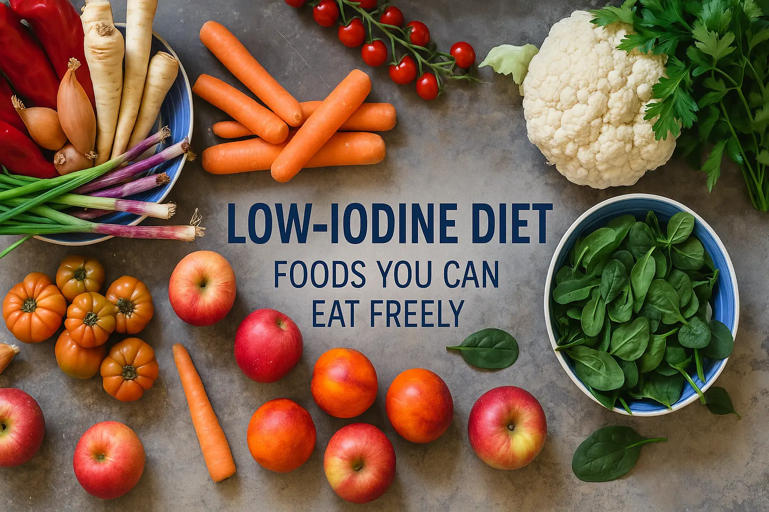 Low iodine diet foods displayed on a table including apples, carrots, cauliflower, spinach, tomatoes, and fresh vegetables recommended for thyroid patients.