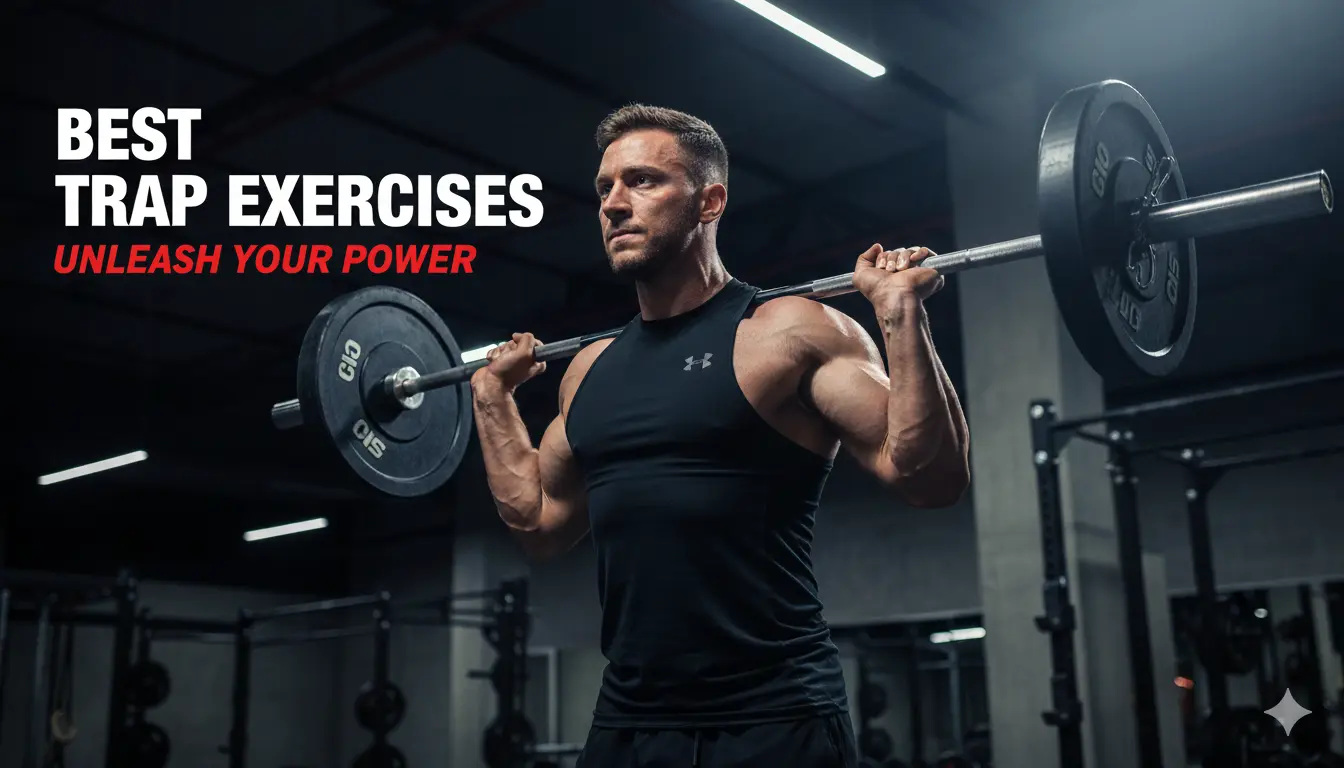 Muscular man performing effective trap exercises with a barbell in a modern gym.
