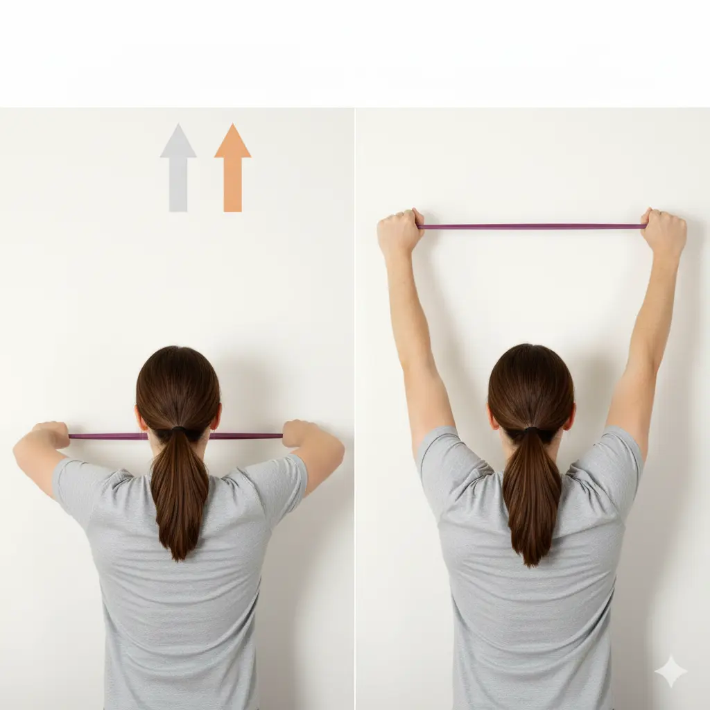 A two-panel image showing a woman performing a wall slide with band. She is seen from the back, with her brown hair in a ponytail, wearing a grey t-shirt. In the left panel, her arms are bent at the elbows, and she is holding a purple resistance band taut across her forearms, pressed against a white wall at shoulder height. Two arrows indicate upward movement. In the right panel, her arms are extended upwards, still holding the band taut against the wall, demonstrating the upward motion of the wall slide.