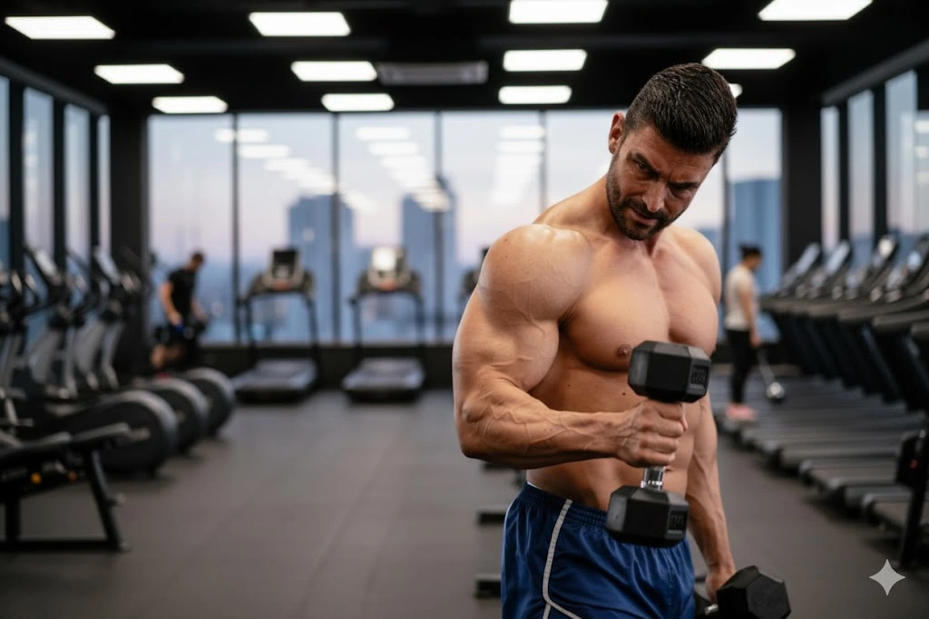 A muscular man is intensely focused during his Arm Day Workouts, performing dumbbell curls in a well-equipped gym. He's wearing blue and white athletic shorts, with a strong, determined expression as he builds his biceps. The modern gym background shows other workout equipment and large windows with a city view at dusk.