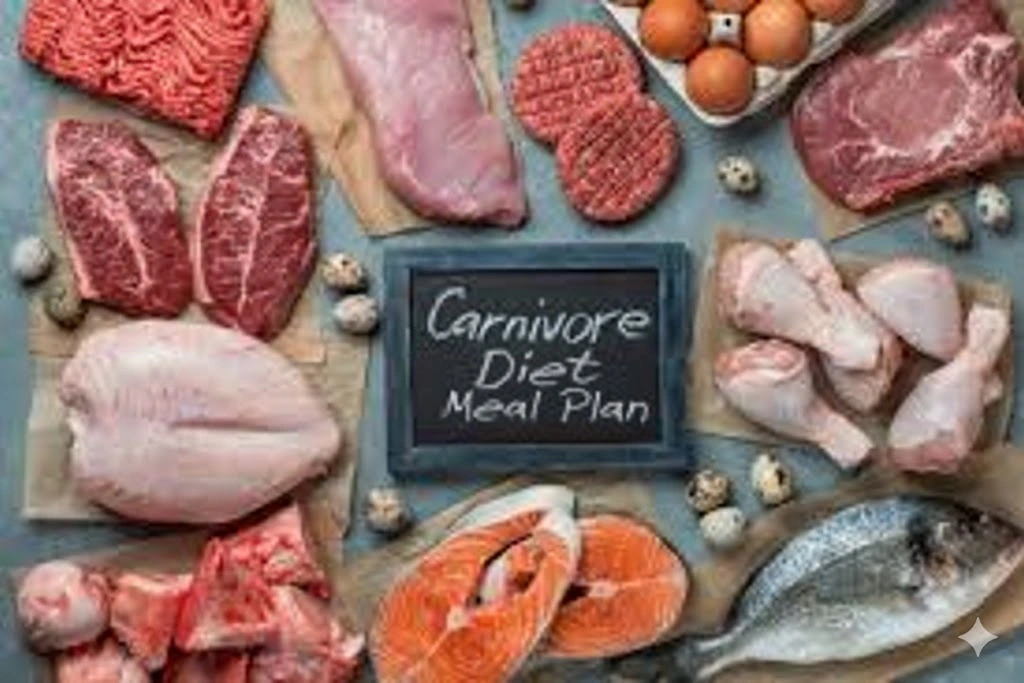 A variety of raw meat, poultry, and fish, including steak, ground beef, chicken legs, and whole fish, arranged on a surface. A small chalkboard in the center has the text 'Carnivore Diet Meal Plan' written on it, indicating a collection of foods suitable for a carnivore diet.