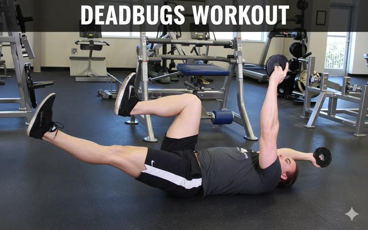 Deadbugs Workout in progress, showing a person lying on their back with one leg extended and the opposite arm reaching overhead, holding a small weight plate.