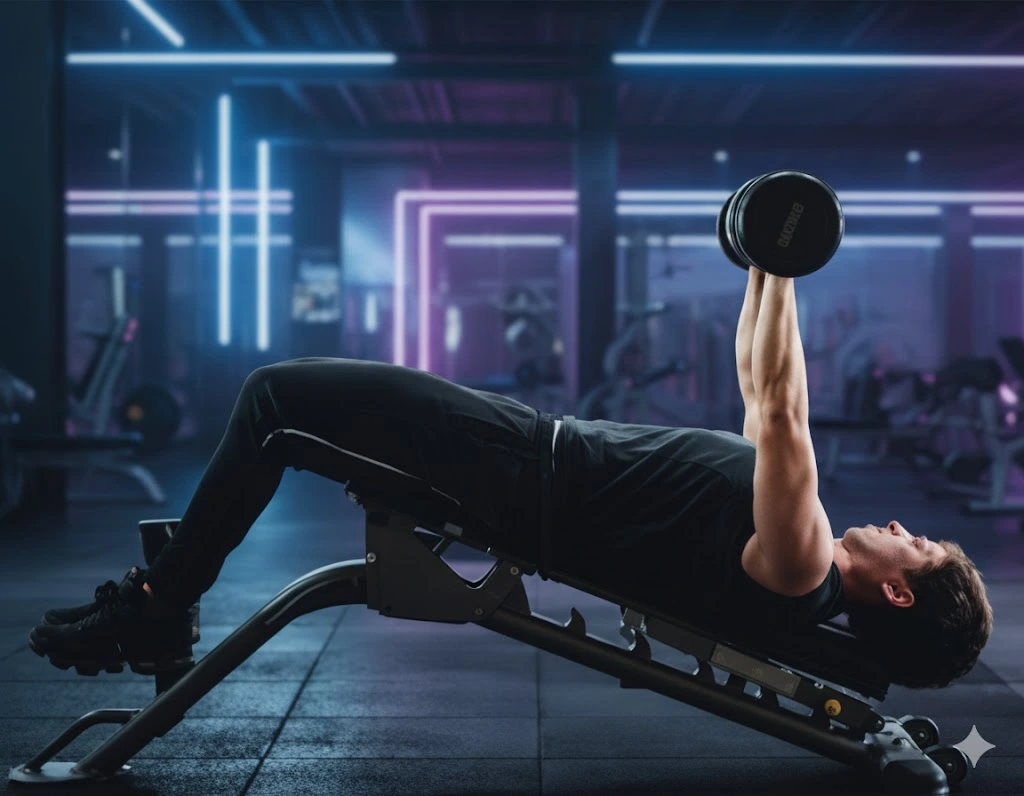 A man is performing a dumbbell press on an incline bench in a gym for a lower pec workout.