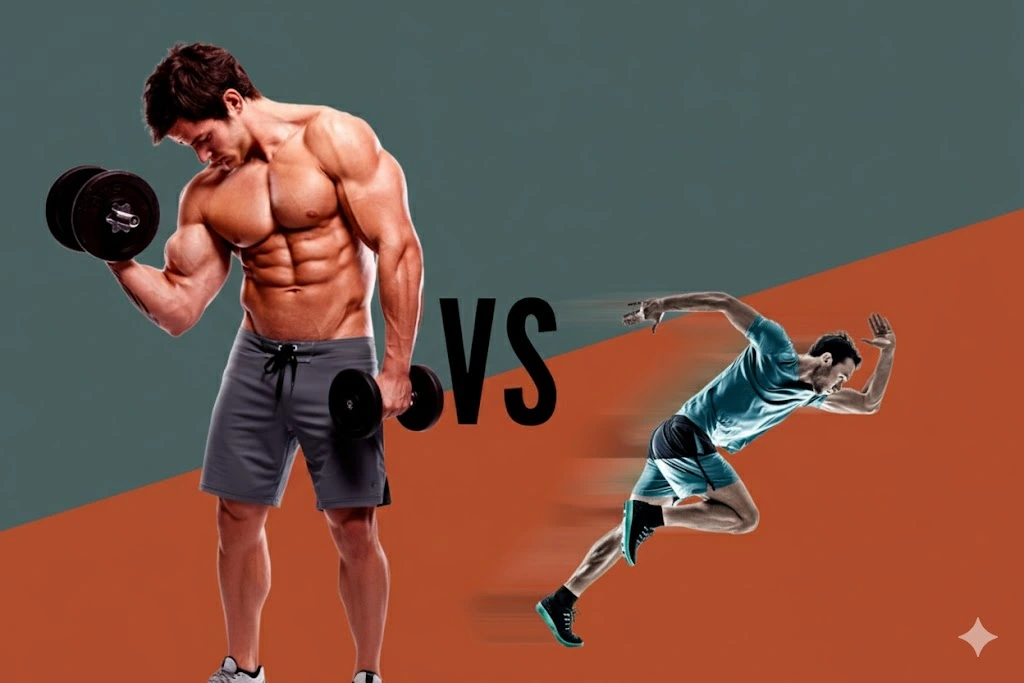 A dynamic split image visually comparing cardio and strength training. On the left, a muscular man is performing a bicep curl with a dumbbell, showcasing strength training. On the right, a man is captured in motion, mid-sprint, representing cardio. The background is divided diagonally into two distinct colors, emphasizing the comparison between cardio and strength training workouts.