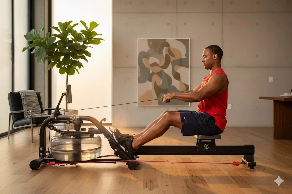 Man exercising indoors on a water rowing machine to lose weight with rowing machine, demonstrating proper rowing form and posture.