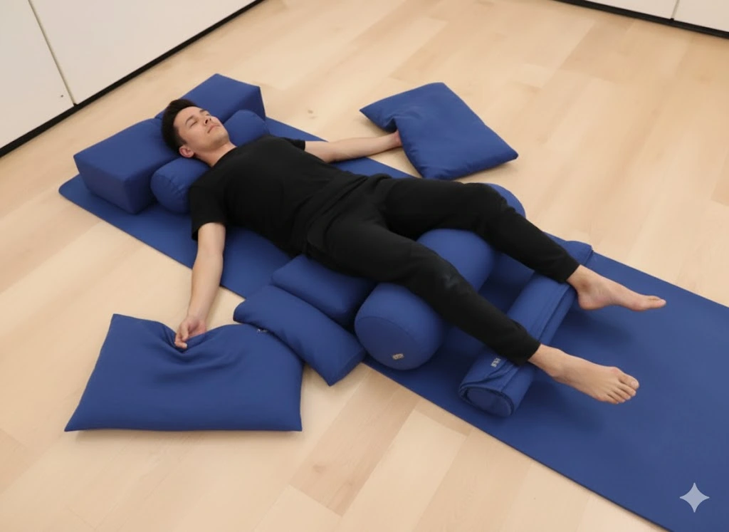 A man lying in restorative yoga poses using a blue yoga mat and blue pillows, bolsters, and blocks. He is in a comfortable, relaxed position with his eyes closed and arms spread out to his sides.