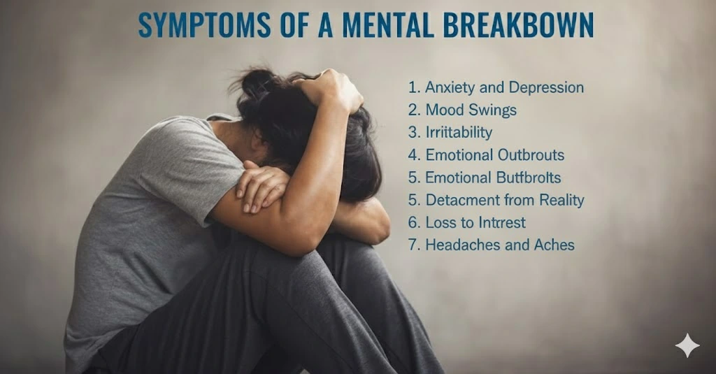 A horizontal image features "SYMPTOMS OF A MENTAL BREAKDOWN" in bold blue text at the top. On the left, a person with dark hair, wearing a grey t-shirt and pants, is sitting on the floor with their head in their hands, appearing distressed. On the right, a list of seven numbered symptoms is displayed in white text: 1. Anxiety and Depression, 2. Mood Swings, 3. Irritability, 4. Emotional Outbursts, 5. Detachment from Reality, 6. Loss of Interest, 7. Headaches and Aches. The background is a soft, muted grey.