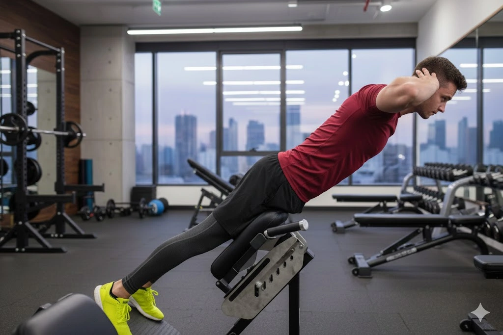 Side view of a man in a red shirt and yellow shoes performing a back hyperextension workout on a machine in a modern gym.