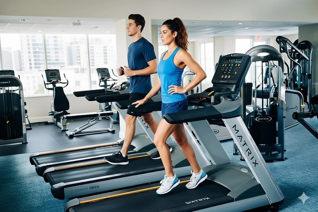 A fit young woman in a blue tank top and shorts is walking on a treadmill in a brightly lit gym, possibly performing a backwards exercise for muscle variation. There is another treadmill next to her and various exercise machines visible in the background through the large windows.
