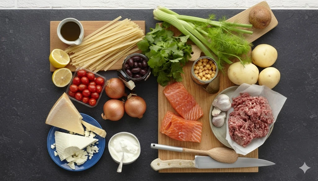 A vibrant, horizontally oriented flat lay image showcasing high-calorie, nutrient-dense foods suitable for a Cystic Fibrosis Diet, including teal plates with roasted sweet potatoes, bright green peas, and kale, alongside an avocado salad, chia seeds, and whole-grain bread.