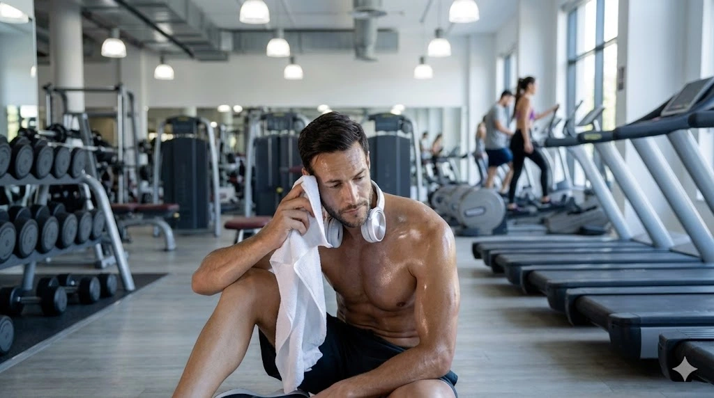 Sweaty man resting in the gym holding a white towel, illustrating the topic Does Sweating Burn Calories.