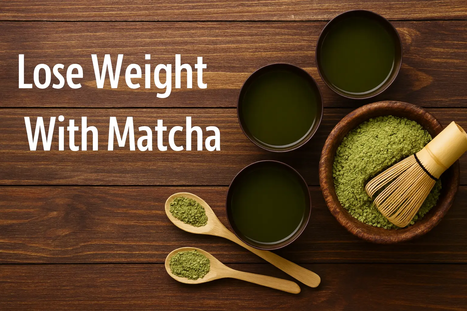 A horizontal wooden-background image showing matcha tea bowls, wooden spoons with green matcha powder, and a bamboo whisk placed beside a bowl of powdered matcha, with the text “Lose Weight With Matcha” written on the left side.