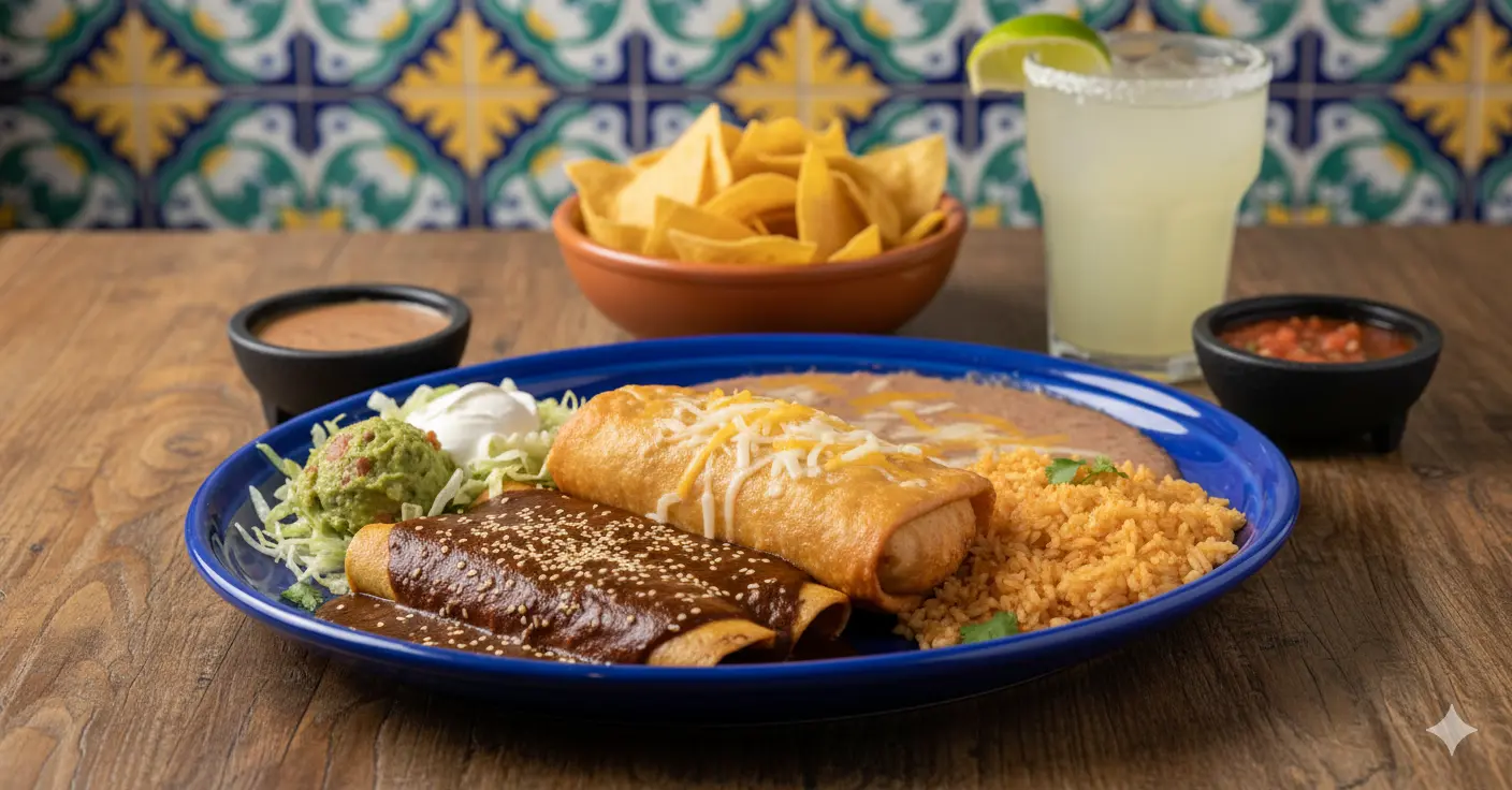 A vibrant platter of Mexican food, featuring a large blue plate filled with an enchilada, a burrito, rice, guacamole, sour cream, and a generous serving of refried beans. The plate is set on a wooden table with a bowl of tortilla chips, salsa, and a margarita in the background. This image perfectly highlights the components of a delicious meal, with refried beans nutrition being a key part of its appeal.