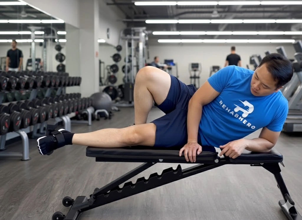 "A man in a blue t-shirt and dark shorts performs a leg raise exercise on a black weight bench in a gym setting, demonstrating one of the Tibialis Anterior Exercises. He is lying on his side with one leg extended, holding a small dumbbell on his foot, while looking down at his leg with focus. The gym background includes weights and exercise equipment.