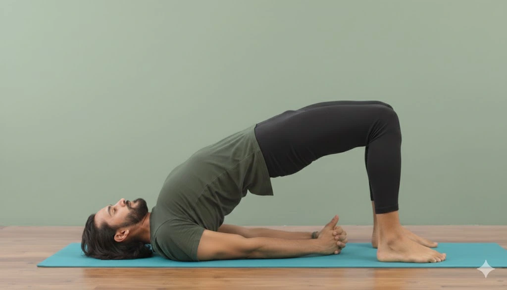 A man with dark hair and a beard performs a bridge pose yoga on a blue mat, wearing a green t-shirt and black leggings, against a pale green wall.
