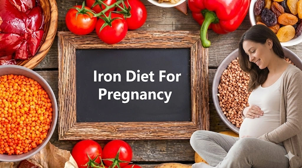 Flat lay composition featuring a chalkboard with the text Iron Diet For Pregnancy, surrounded by bowls of iron-rich foods like lentils and tomatoes, with a happy pregnant woman sitting naturally beside the arrangement.