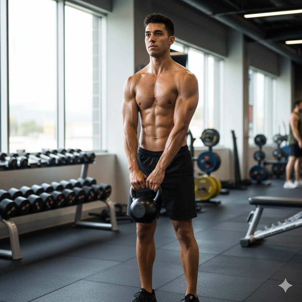 A muscular man performing a kettlebell exercise in a modern gym, showcasing a full-body workout suitable for a comprehensive kettlebell workout plan.