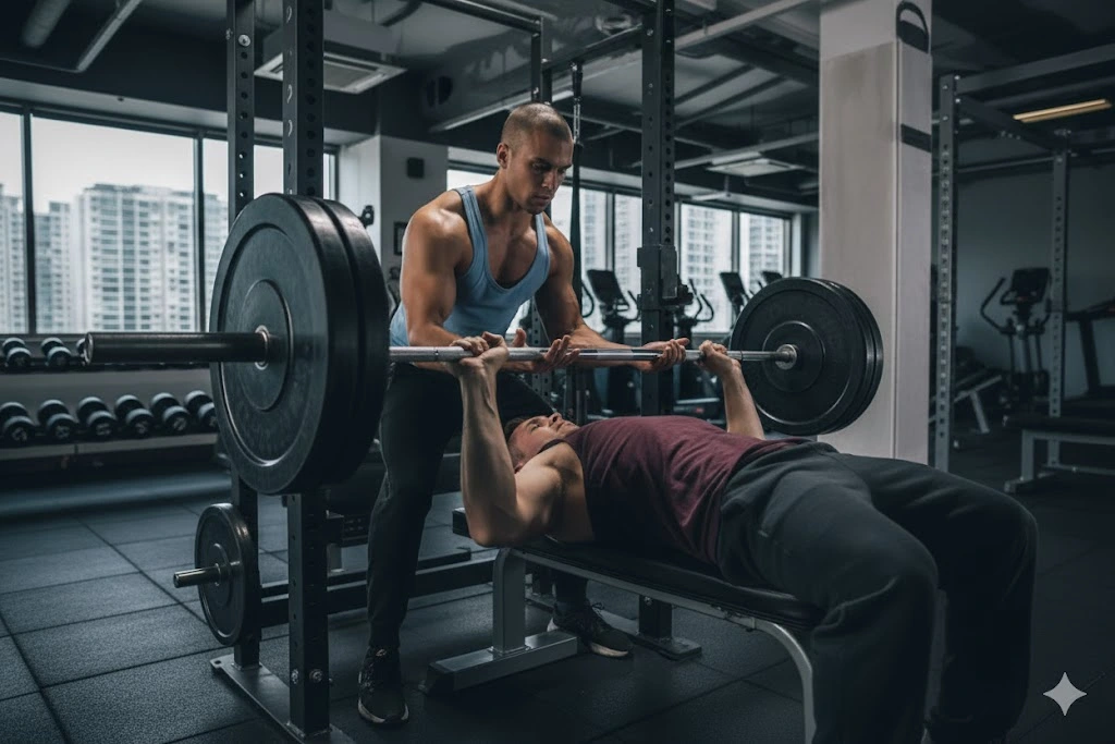 A lifter on a bench press, being spotted by a trainer during a push day workout in a modern gym setting.
