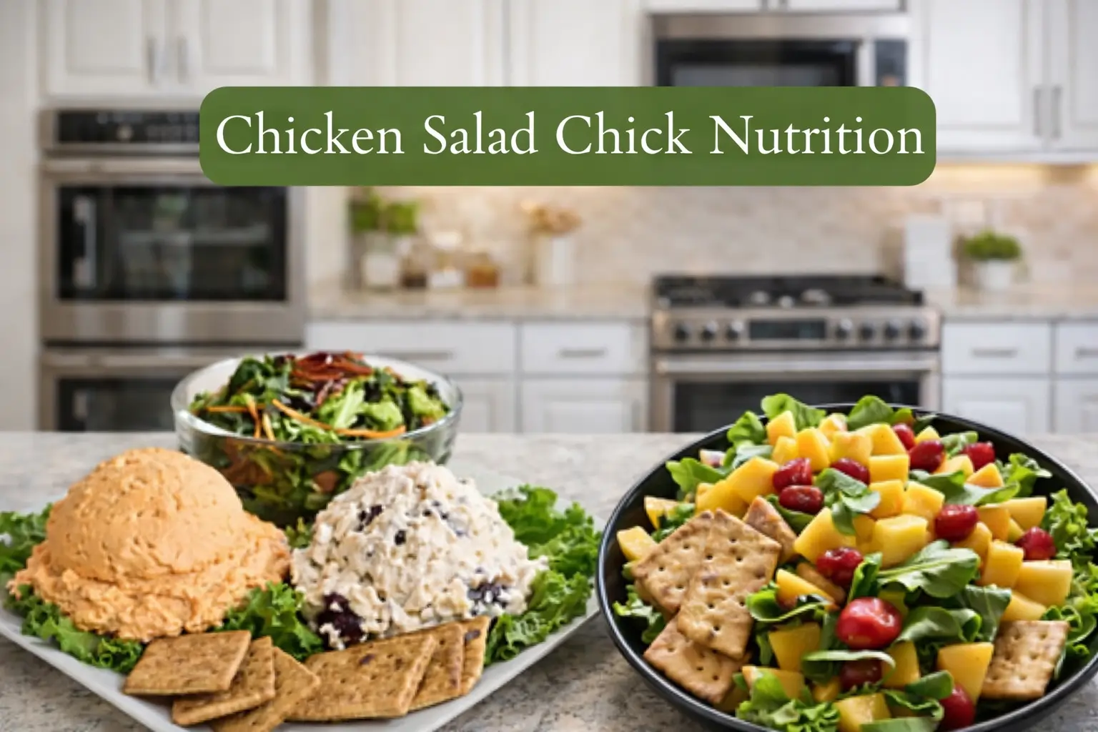 Chicken Salad Chick nutrition image showing assorted chicken salads, fresh green salad, crackers, and fruit served on a kitchen counter with a modern kitchen background.