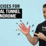 Man wearing a black “Imperial Fitness Hub” athletic t-shirt pointing to a painful red palm with lightning symbols, with text “Exercises For Carpal Tunnel Syndrome” on a light blue background.