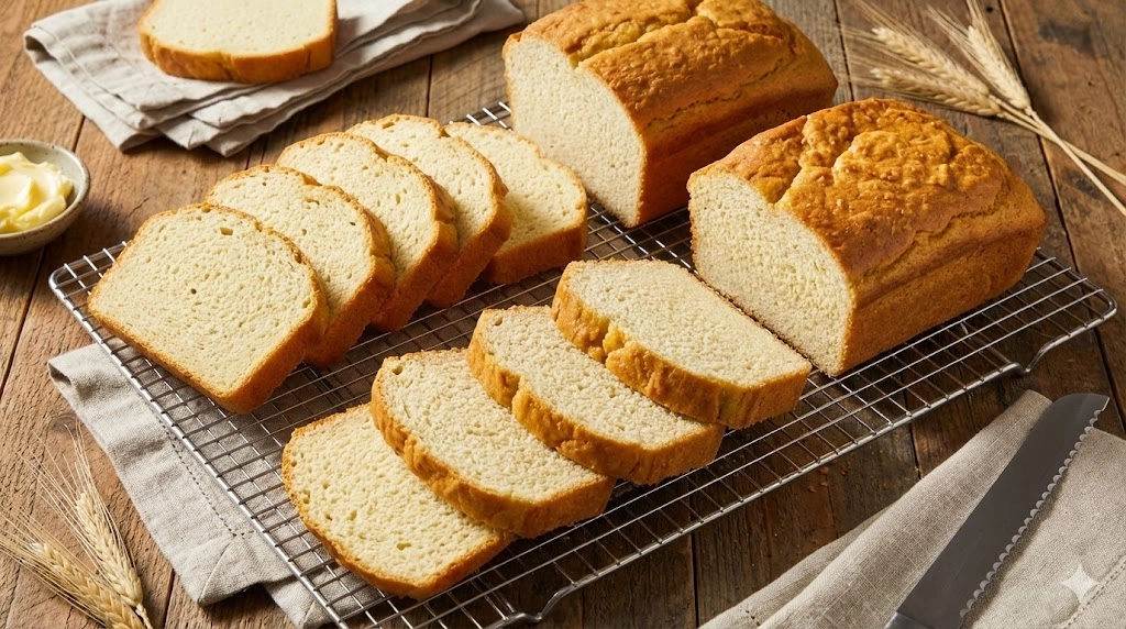 Freshly baked Ketogenic Diet Bread loaves and slices arranged on a wire cooling rack with a rustic wooden background.