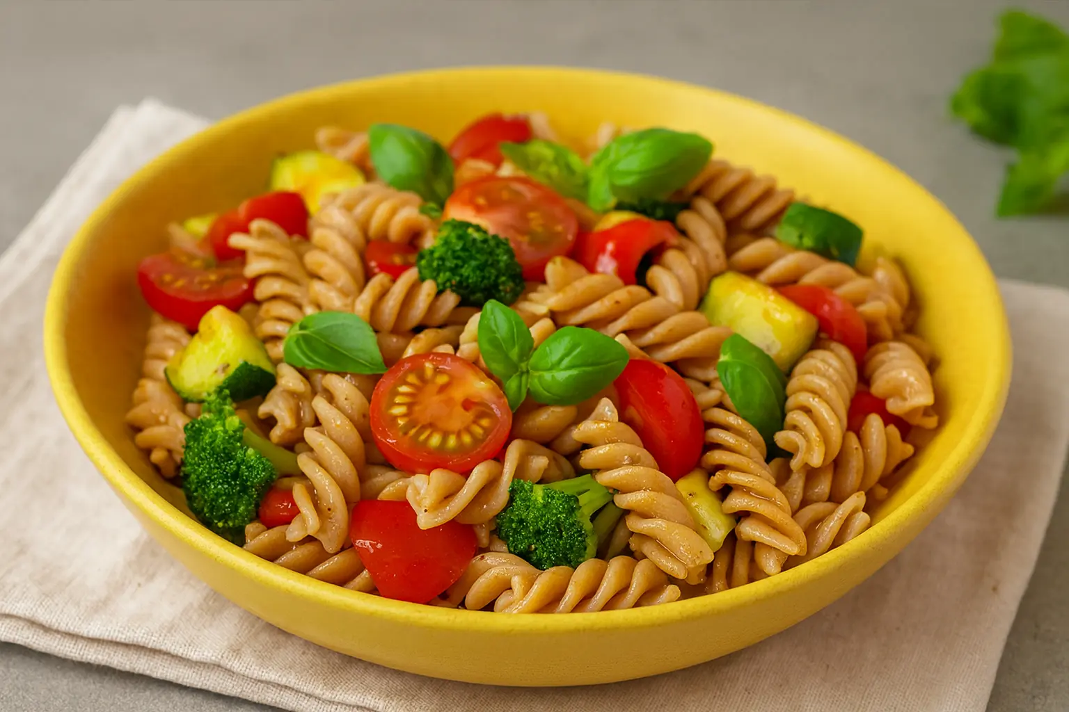 Post Workout Meal served in a colorful bowl with whole-grain pasta, fresh vegetables, cherry tomatoes, broccoli, zucchini, and basil leaves on a clean horizontal background.