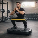Muscular man performing squat on a vibration plate with a yellow resistance band during vibration plate exercises in a modern home gym, wearing an Imperial Fitness Hub black t-shirt.
