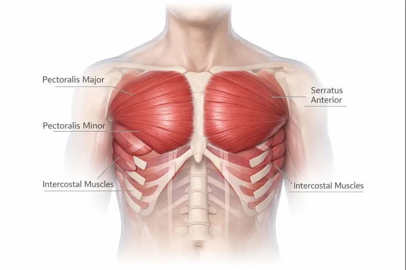 Chest Muscles Anatomy showing pectoralis major, pectoralis minor, serratus anterior, and intercostal muscles in a semi-transparent 3D medical illustration of the human chest torso, front view.