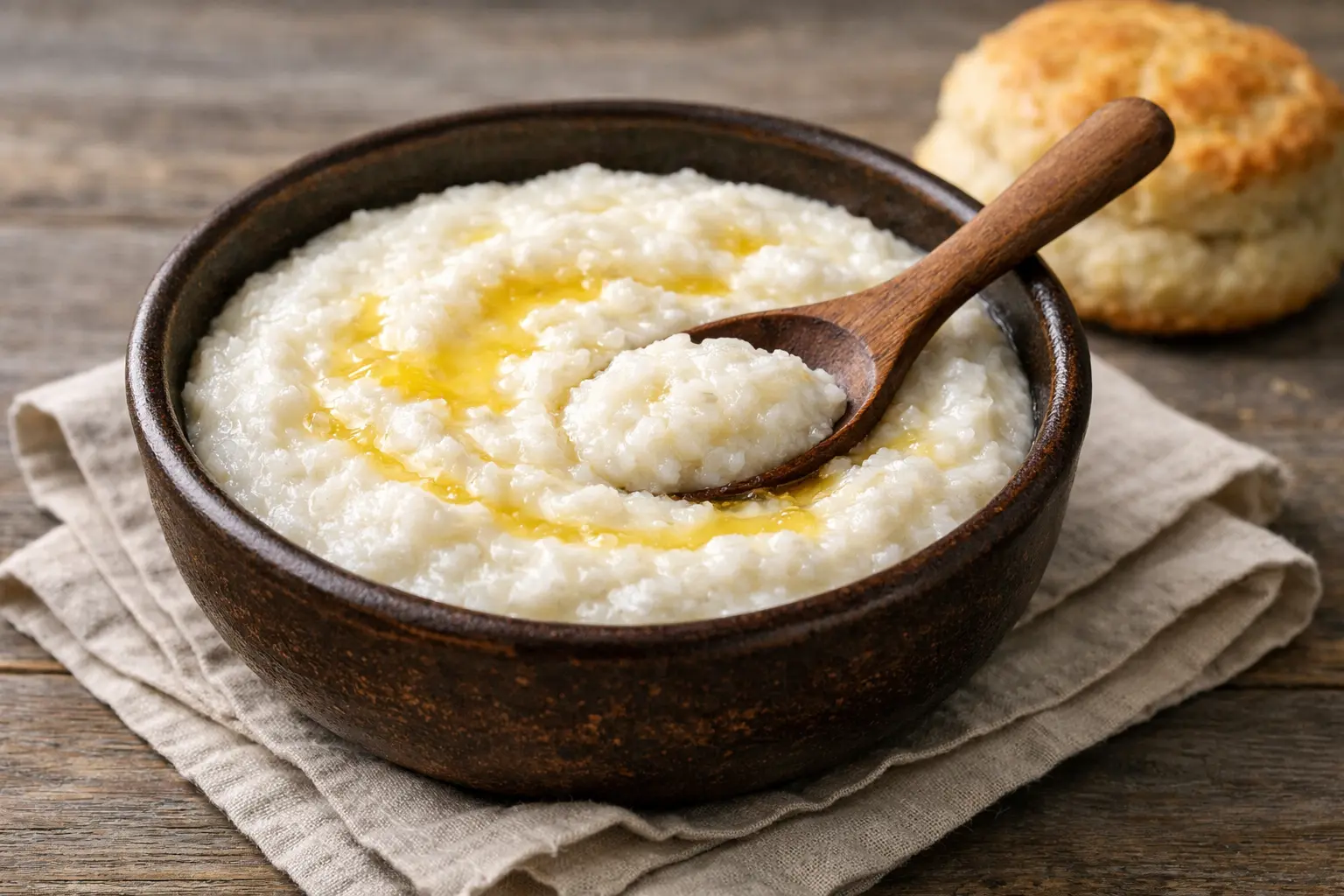Grits nutrition shown through a bowl of creamy white grits topped with melted butter, served in a rustic ceramic bowl with a wooden spoon on a farmhouse table, alongside a fresh biscuit under soft natural light.