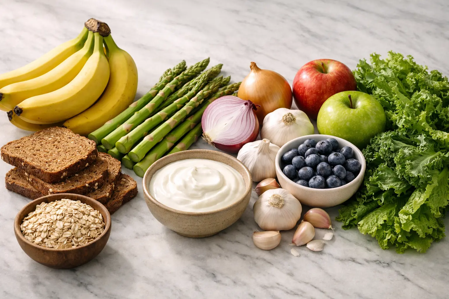 Prebiotic foods for gut health arranged on a light marble countertop, including bananas, asparagus, onions, garlic, oats, whole-grain bread, yogurt, blueberries, apples, and leafy greens in a clean, healthy food layout.