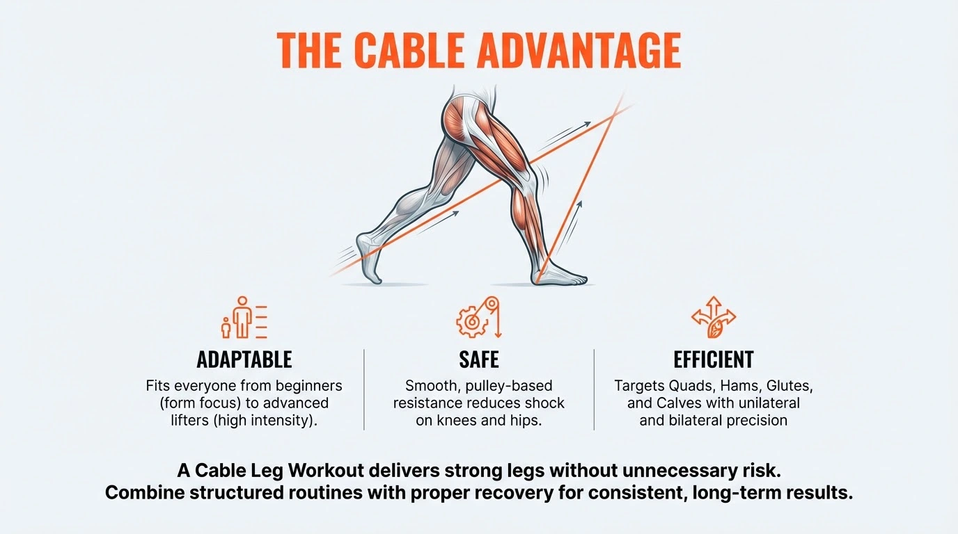 Cable Leg Workout illustration showing lower body muscles engaged during cable exercises, highlighting quads, hamstrings, glutes, and calves with safe and efficient movement angles.